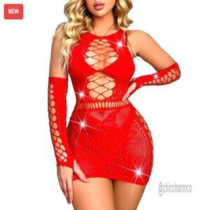 Rhinestone Sparkle Fishnet Lingerie Set Teddy Mesh Rave Outfit